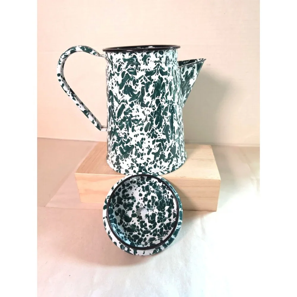 Vintage 6 Pc. Green & White Swirl Enamelware Set Coffee Pot Tray Sugar Creamer